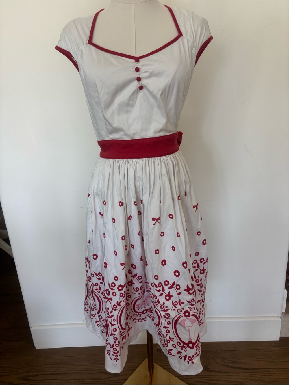 Disney White Midi Dress with Red Trim & Embroidery